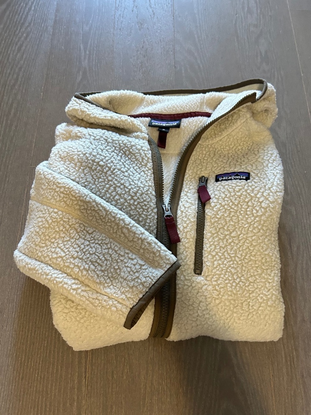 Patagonia Women's Retro Pile Fleece Hoody Size XL Pelican Cream Off-White Full Z